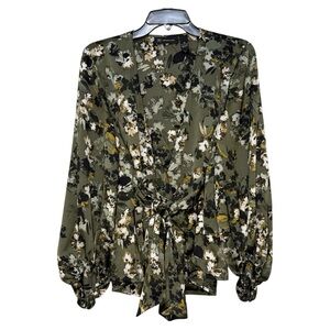 INC Green Floral Wrap Blouse with Tie Belt and Long Sleeves EUC Size M